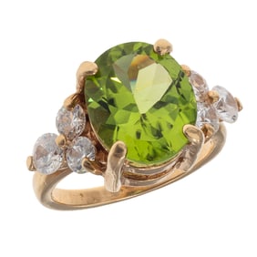 Peridot, Cubic Zirconia, 14k Yellow Gold Ring
