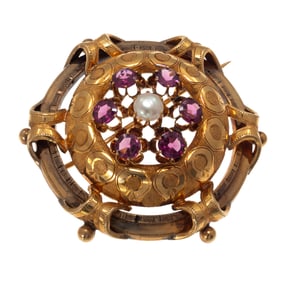 Antique French Rhodolite Garnet, Split Pearl, 18k Brooch