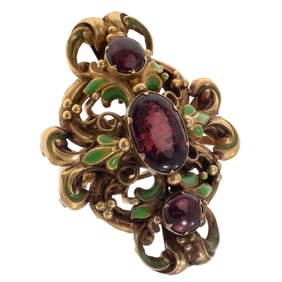 Garnet, Enamel, 14k Yellow Gold Ring