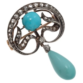 Art Nouveau Diamond, Turquoise, 18k Silver Pin