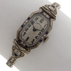 Art Deco Lambert Bros. Diamond, Synthetic Sapphire, 14k Wristwatch