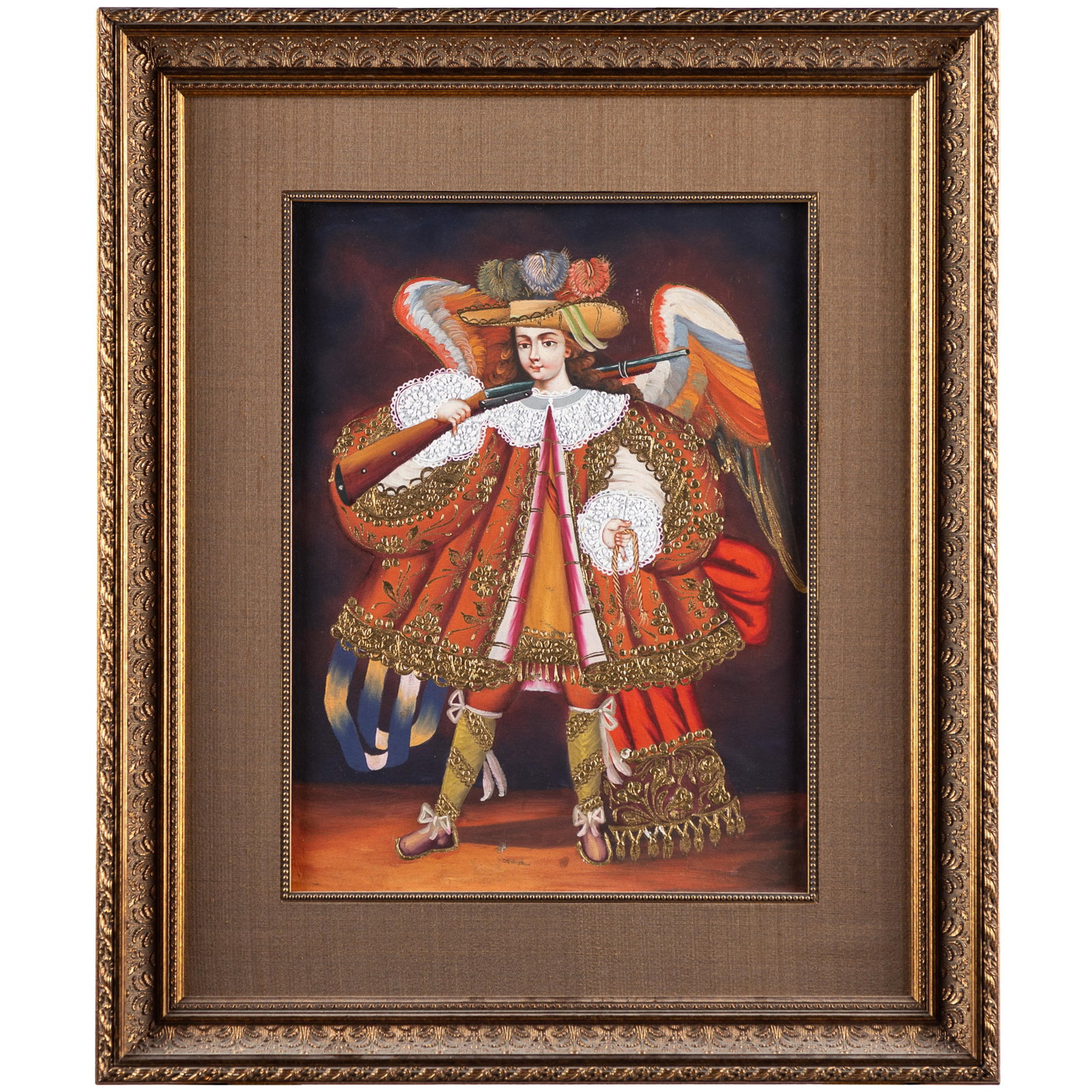 Cuzco School Revival, Angel Arcabucero: Cuzco School Revival Angel Arcabucero 20th century Depicting an Archangel with a rifle.(Angel Arcabucero) 11 1/2in x 15 1/2in (29cm. x 39cm) Framed: 20in. x 24in (51cm. x 61cm) A Cuzco School Archange