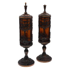 Pair Arts and Crafts Amber Glass Lamps