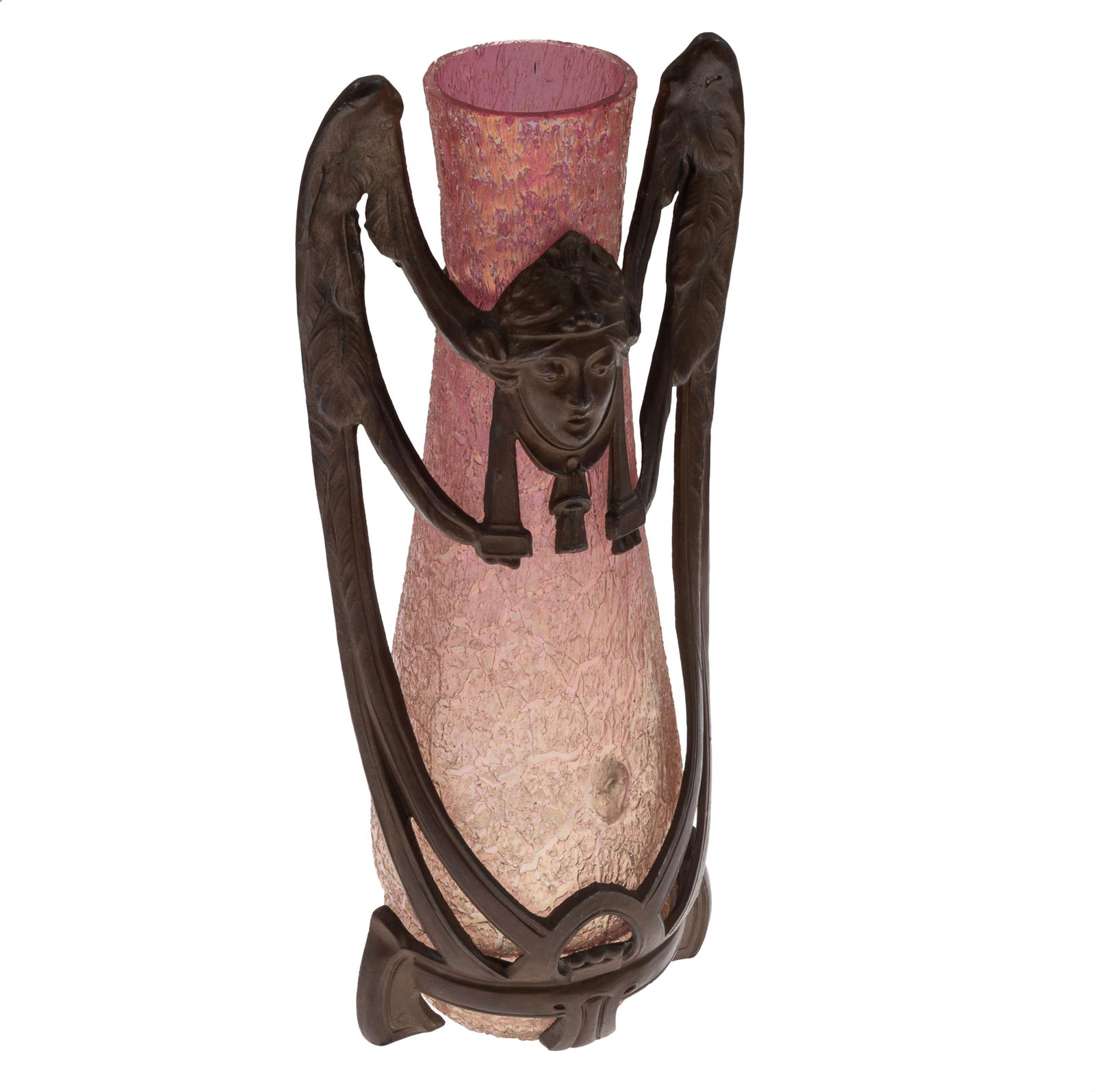 Art Deco Patinated Metal and Art Glass Vase: Art Deco Patinated Metal and Art Glass VaseIn the style of Loetz designs the tapering vase with tall Art Deco handles joined b a mask of a Beauty.10 1/2in (27cm) h.