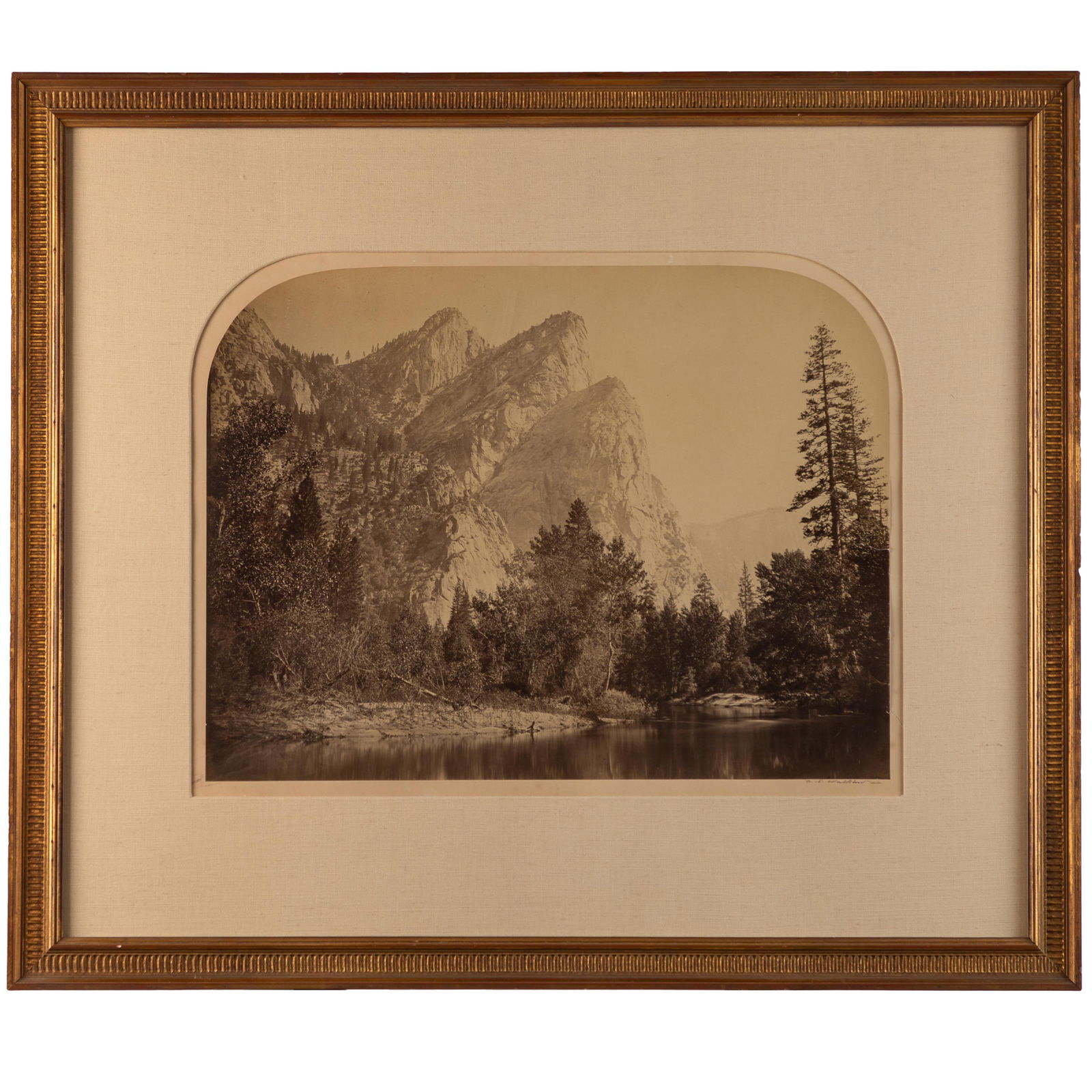 Carleton E. Watkins (American, 1829-1916): Carleton E. Watkins (American, 1829-1916)Yosemite, Three Brothers, circa 1865Mammoth-plate albumen print, signed in pencil (lower right).15 1/2in. x 21in (40cm. x 54cm)Framed: 28in. x38in (72cm. x 84c