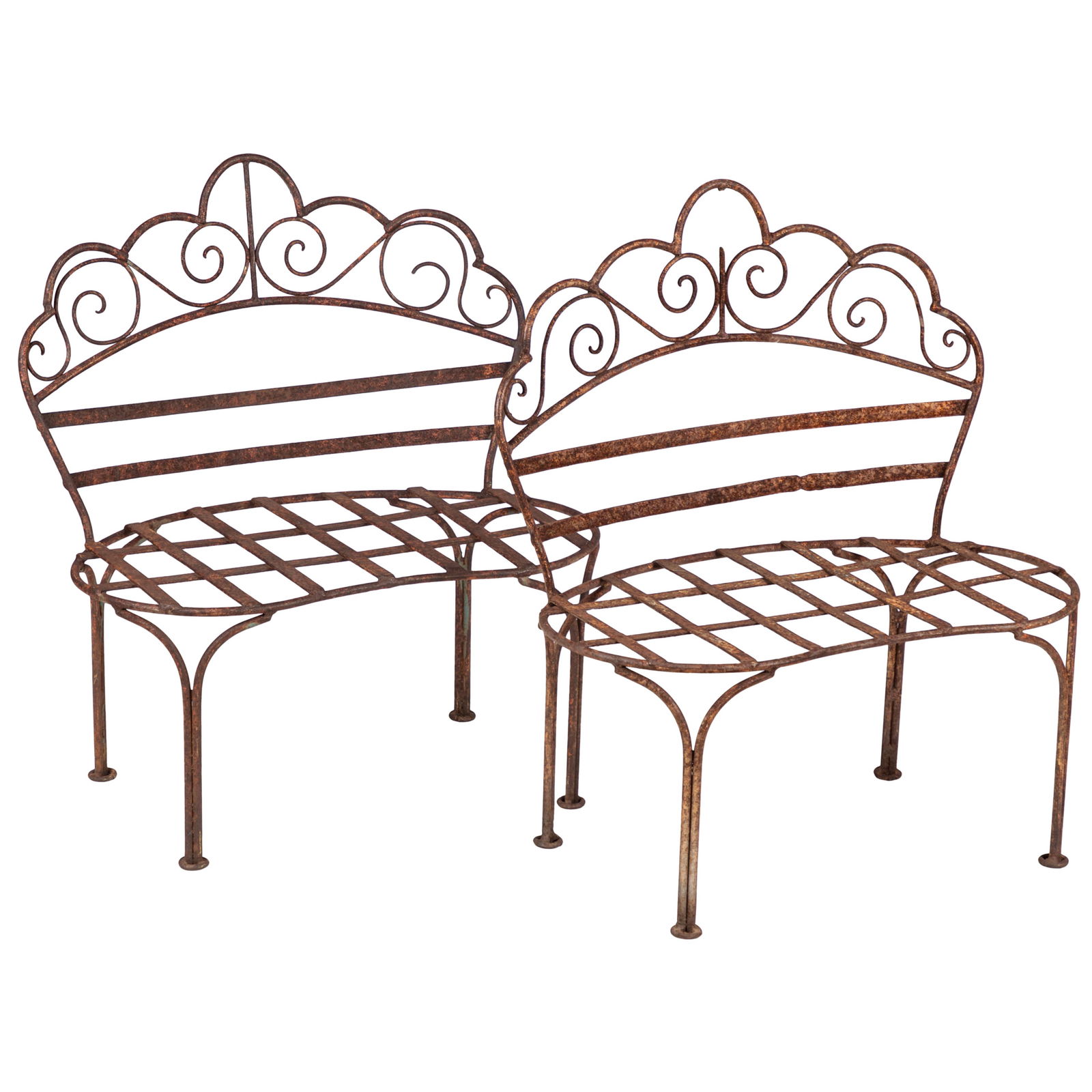 Pair Victorian Children's Garden Settees: Pair Victorian Children's Garden SetteesOf cast iron, each with descending scrolled backs over lima bean form seats.31in (79cm) h. 23in (59cm) w. 13in (33cm) d.Condition: Good, some weathering to the