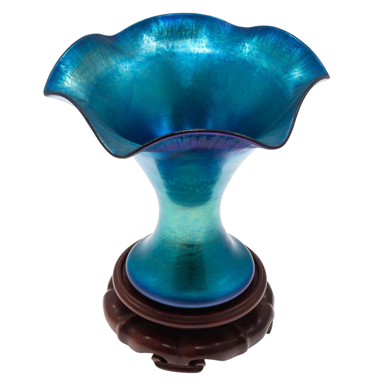 Steuben Aurene Vase: Steuben Aurene VaseThe floriform vase marked Steuben, Aurene 723,On associated hardwood standVase 8in (20cm) h 8in (20cm) dStand 2in (5cm) h. 6in (14cm) d