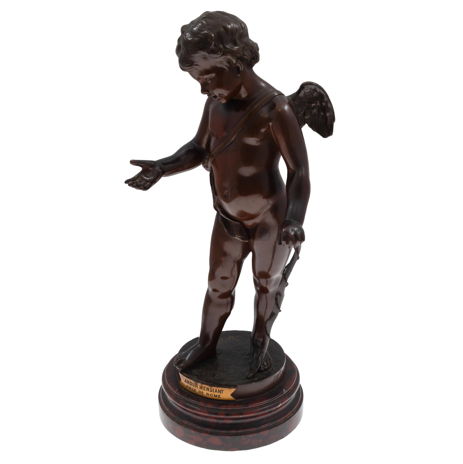 Jean Didier Debut (French, 1824-1893) Bronze: Jean Didier Debut (French, 1824-1893) Bronze Amour Mendiant Signed on base bearing plaque; Amour Mendiant, Prix de Tome; Inscribed on base: Expn. de Chicago 15 1/2in (39cm) h.