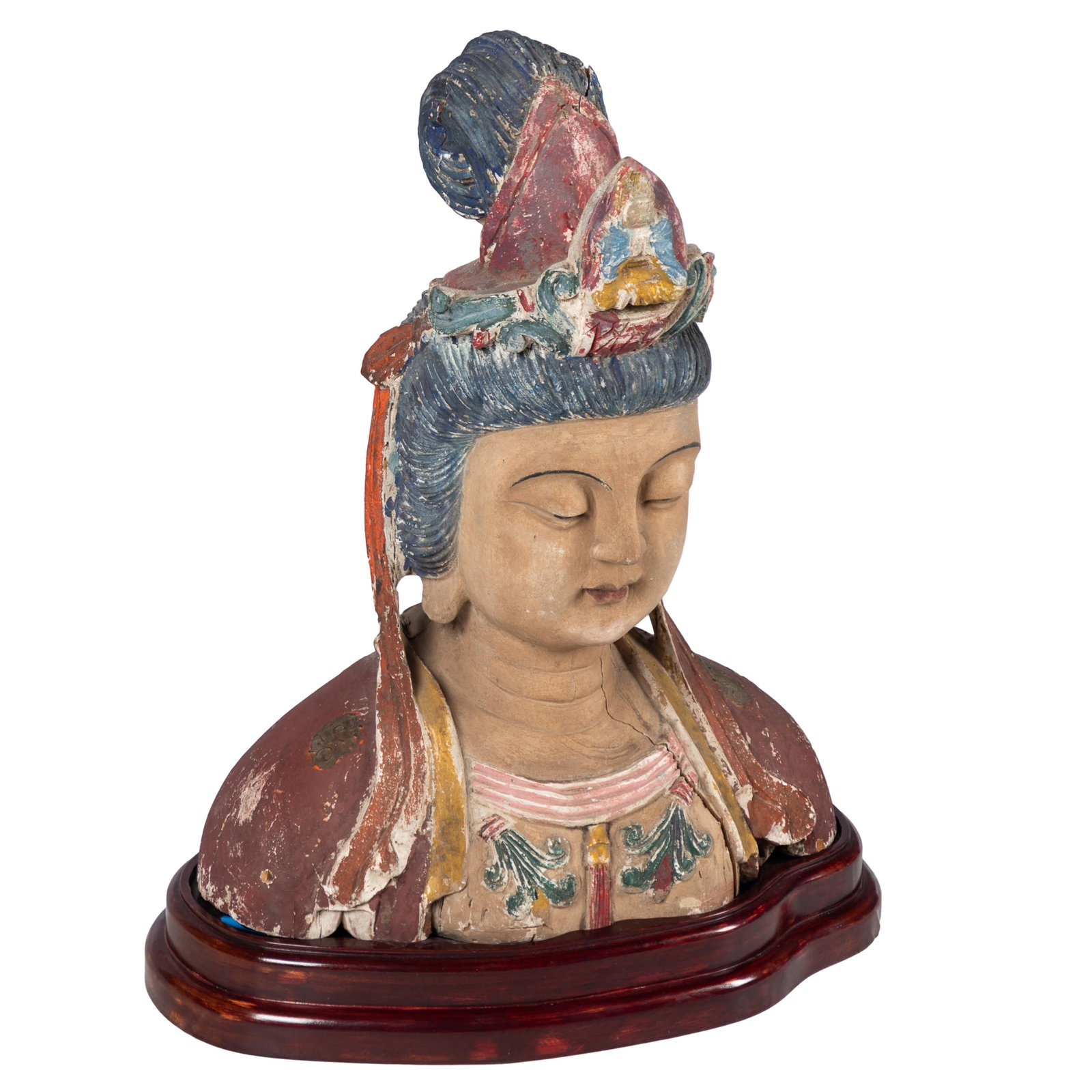 Bust of Guanyin: Bust of Guanyin Late 19th/ Early 20th century Carved and polychrome decorated, depicted with serene expression. 22 1/2in (57cm) h. 17in (45cm) w. 11in (28cm) d.