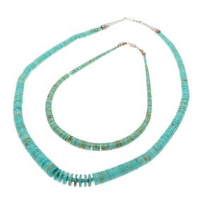 Collection of Two Navajo Turquoise Heishi, Sterling Silver Necklaces