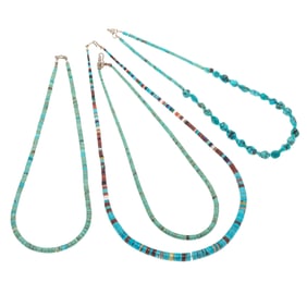 Collection of Four Turquoise, Multi-Stone Santo Domingo-Style Necklaces