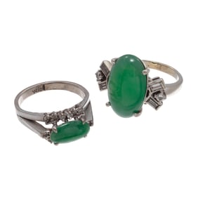Collection of Two Jade, Diamond, White Gold Ring