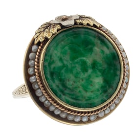 Art Deco Jade, Seed Pearl, 14k Yellow Gold Ring