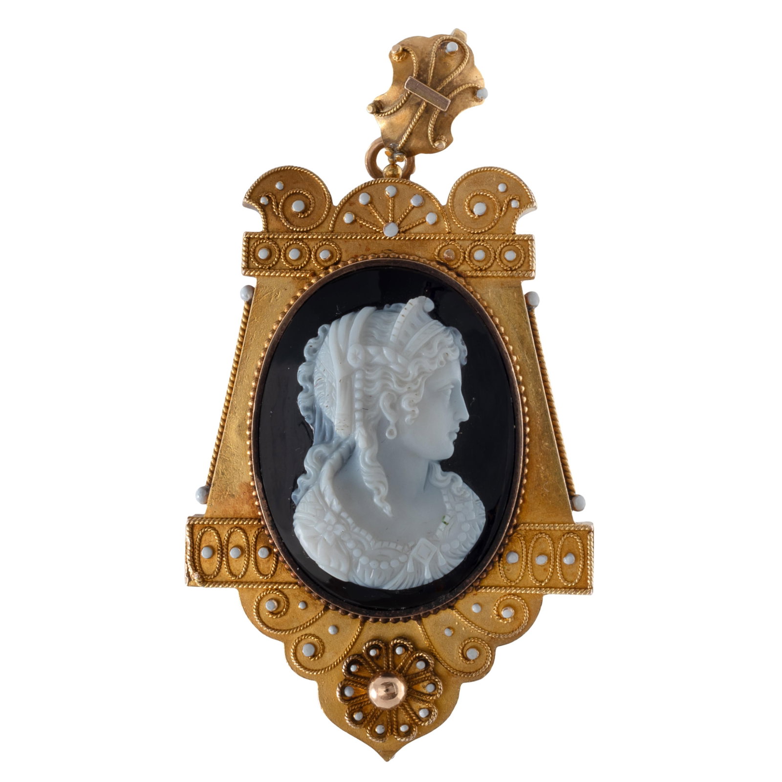 Victorian Hardstone Cameo, Enamel, 14k Pendant: Victorian Hardstone Cameo, Enamel, 14k Pendant Featuring an oval hardstone cameo of a classical beauty in profile set in a 14k yellow gold, Etruscan revival pendant highlighted by white enamel, revers