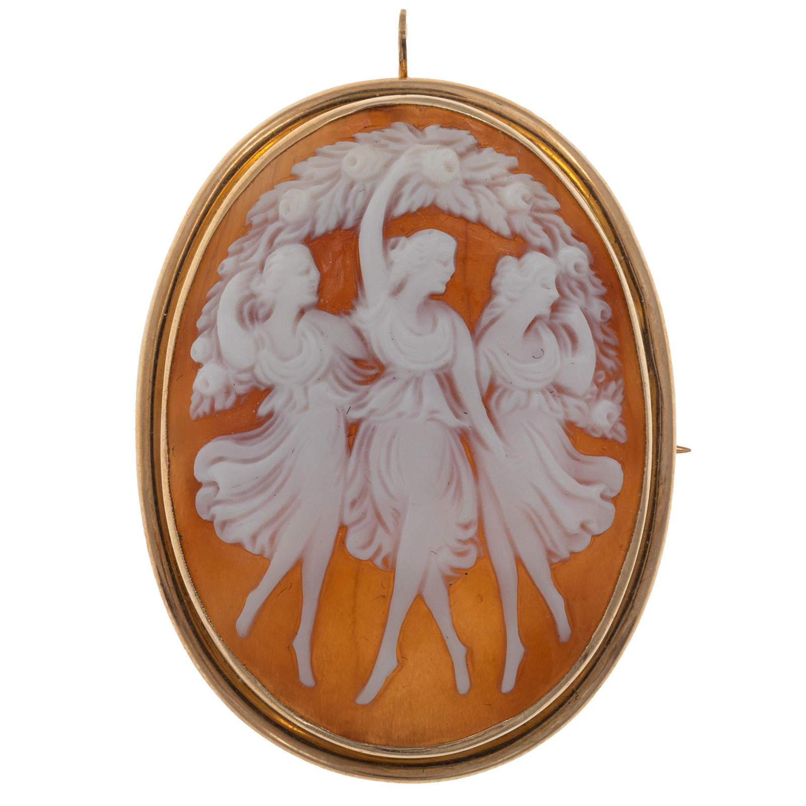 Shell Cameo, 14k Pin Pendant: Shell Cameo, 14k Pin PendantFeaturing an oval shell cameo depicting the Three Graces, set in a 14k yellow gold pin pendant mounting measuring approximately 1.55 x 1.20 inches.Gross weight: 8.4 grams.T