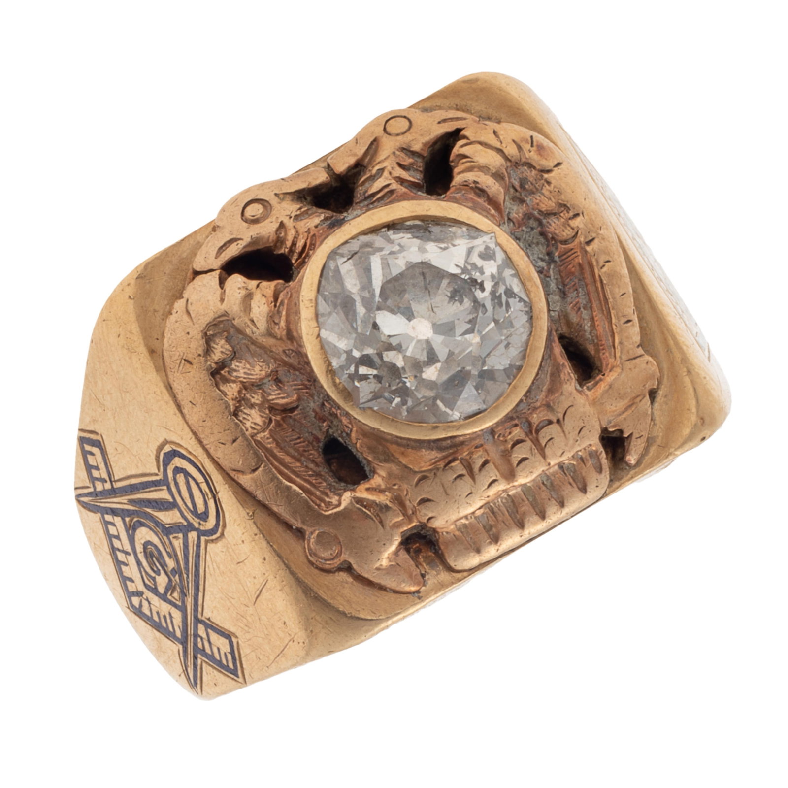 Diamond, 14k Yellow Gold Masonic Ring: Diamond, 14k Yellow Gold Masonic Ring Featuring a double eagle centering one old European-cut diamond weighing approximately 1.35 ct., set in a 14k yellow gold mounting, each shoulder with Masonic sym