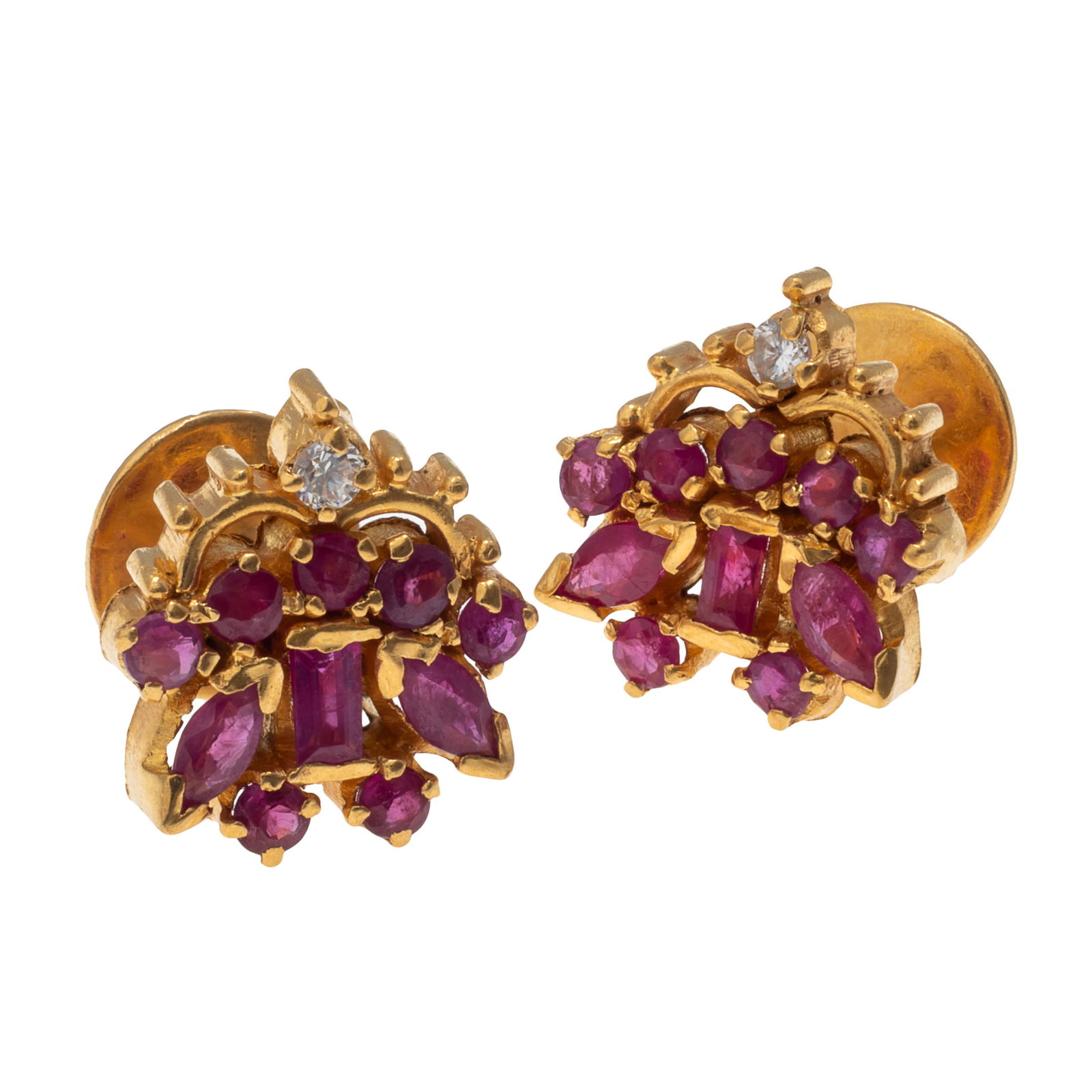 Pair of Ruby, Diamond, 22k Yellow Gold Earrings: Pair of Ruby, Diamond, 22k Yellow Gold EarringsEach featuring ten round, rectangular step-cut and marquise-cut rubies weighing a total of approximately 0.60 cttw., accented by one round brilliant-cut