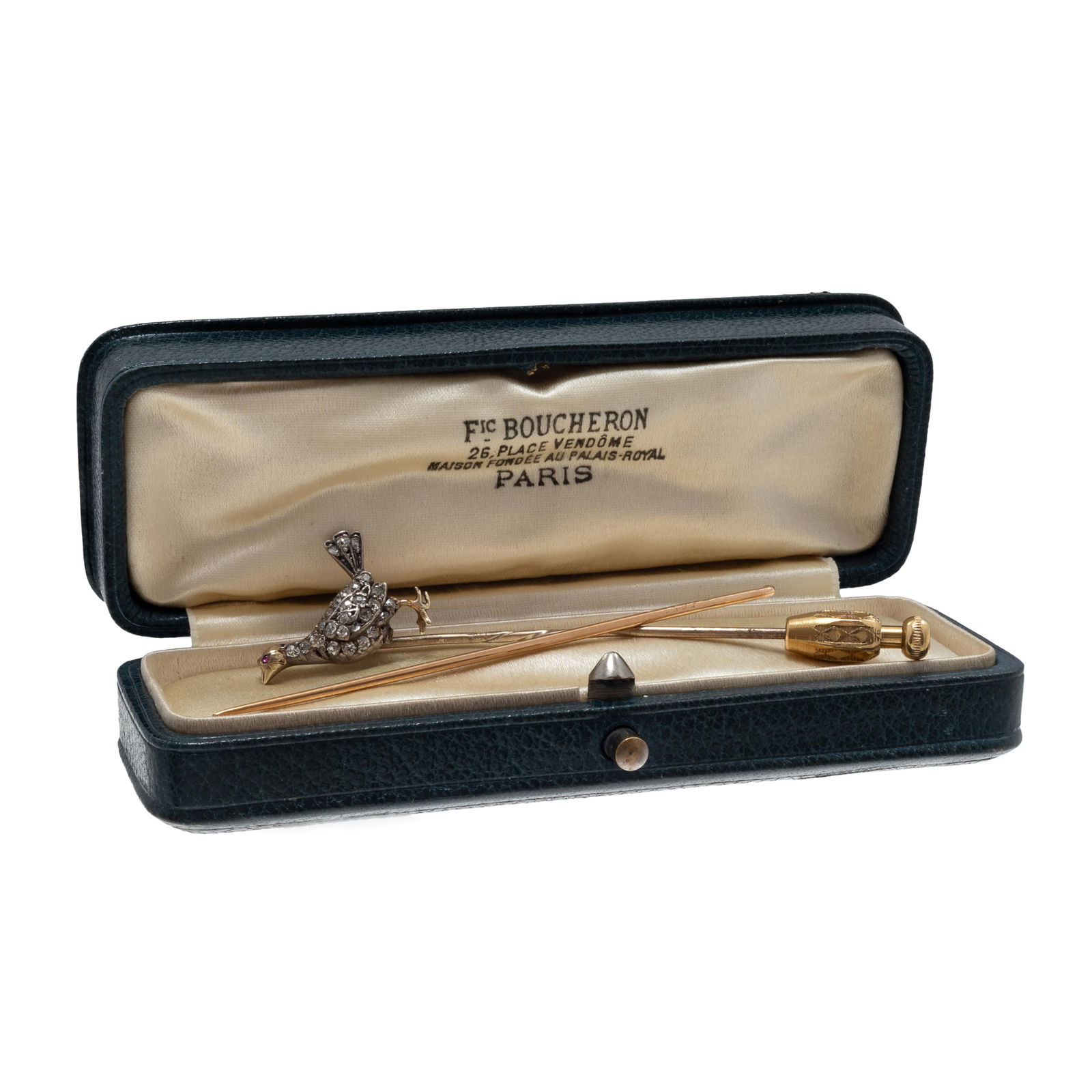 Antique Diamond, Ruby, Bird Stickpin: Antique Diamond, Ruby, Bird StickpinDesigned as a bird, the eye one round-cut ruby cabochon, the body accented by twenty-seven rose and old single-cut diamonds set in a silver mounting joined to a gol