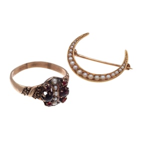 Victorian Garnet, Seed Pearl Ring and Crescent Pin