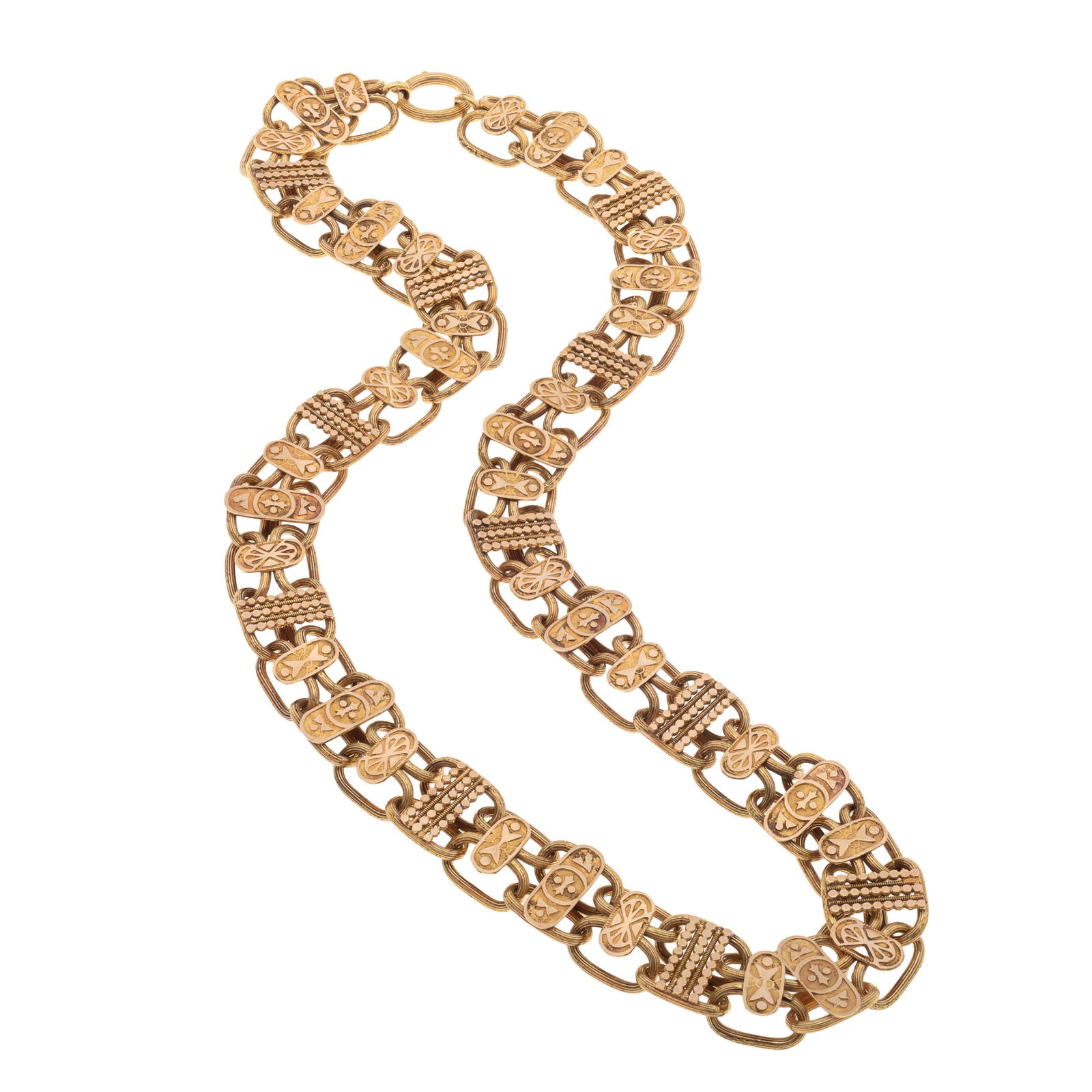 Victorian 14k Rose Gold Locket Chain: Victorian 14k Rose Gold Locket ChainThe 14k rose gold fancy links measuring approximately 15.0 mm in width, completed by a spring ring forming a 22 inch necklace.Gross weight: 58.9 grams.To benefit Ba