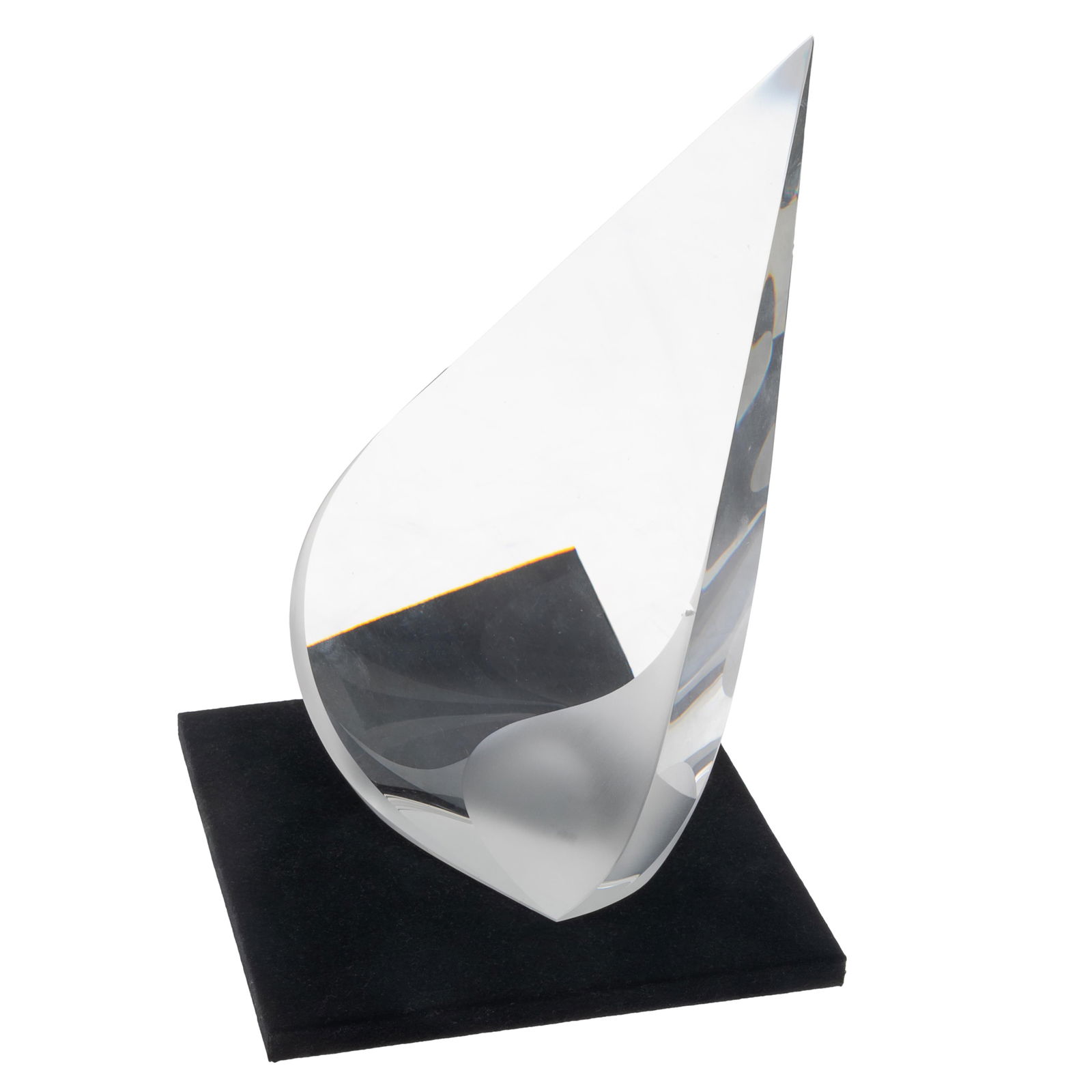 Christopher Ries (American b. 1952): Christopher Ries ( American b. 1952)'Falling Petals'Glass sculpture13in (34cm) h. 6in (14cm) l.3in (8cm) d.On a revolving stand 1in (2.5cm) 8in (20cm) sq.Inscribed; ChristyCondition: Small chip on edg