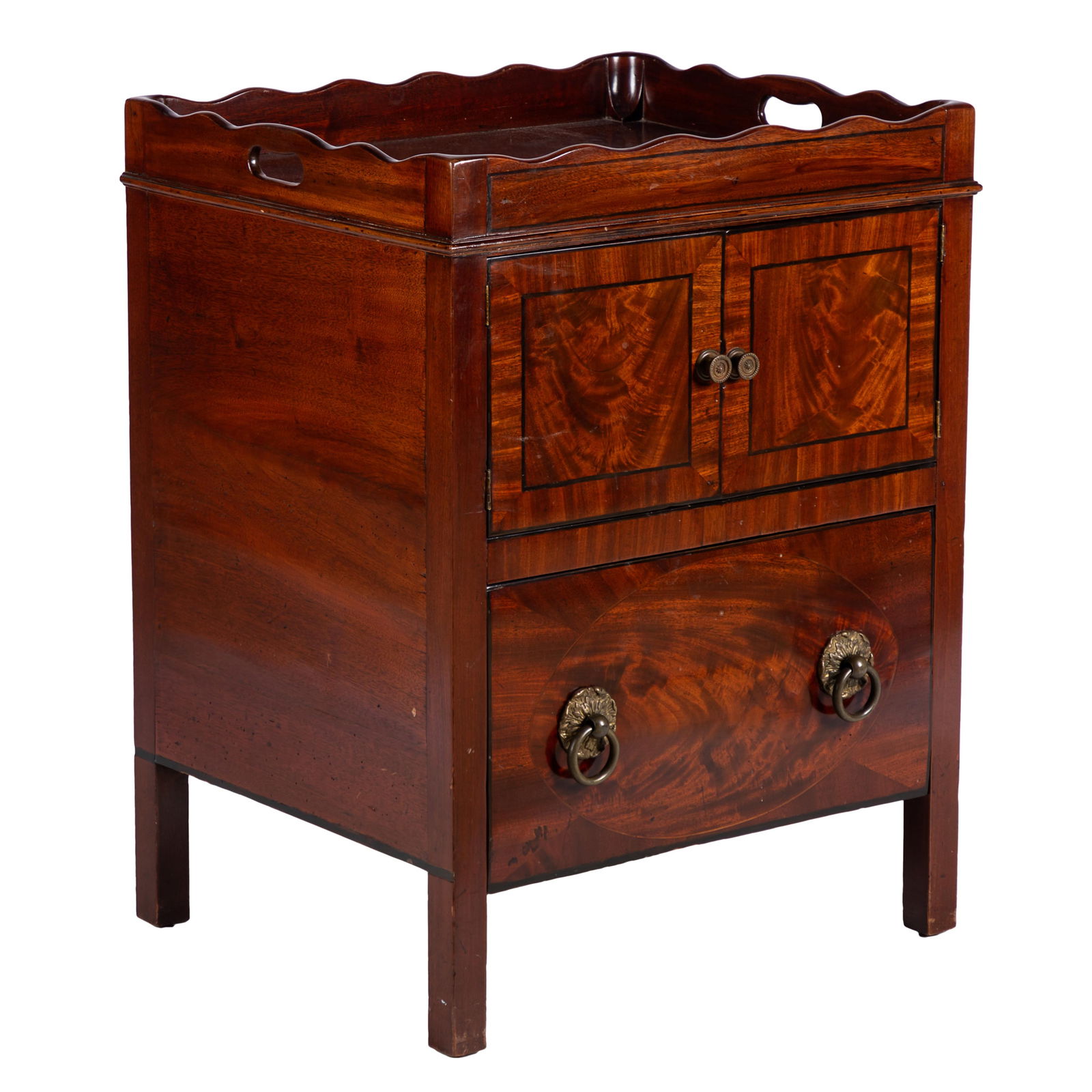 Regency Mahogany Bedside Commode: Regency Mahogany Bedside CommodeOf line inlaid figured mahogany with a scalloped edge tray top.30in. (76cm) h. 23in (59cm) w. 19in (48cm) d.Condition: Very good.Provenance: Daniel Stein Antiques
