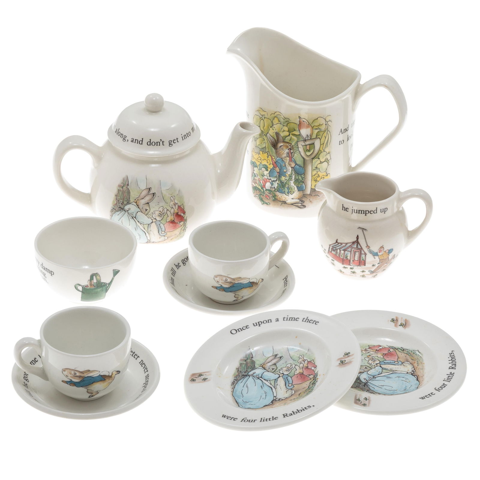 Wedgewood Peter Rabbit Child's Tea Set, circa 1950.: Wedgewood Peter Rabbit Child's Tea Setcirca 1950.Marked Wedgewood of Etruria Barlaston,Comprising;A milk jug 5in (13cm), tea pot 4 1/2in (12cm), creamer 2 3/4in (7cm) ,Two tea cups and saucers 1 1/2in