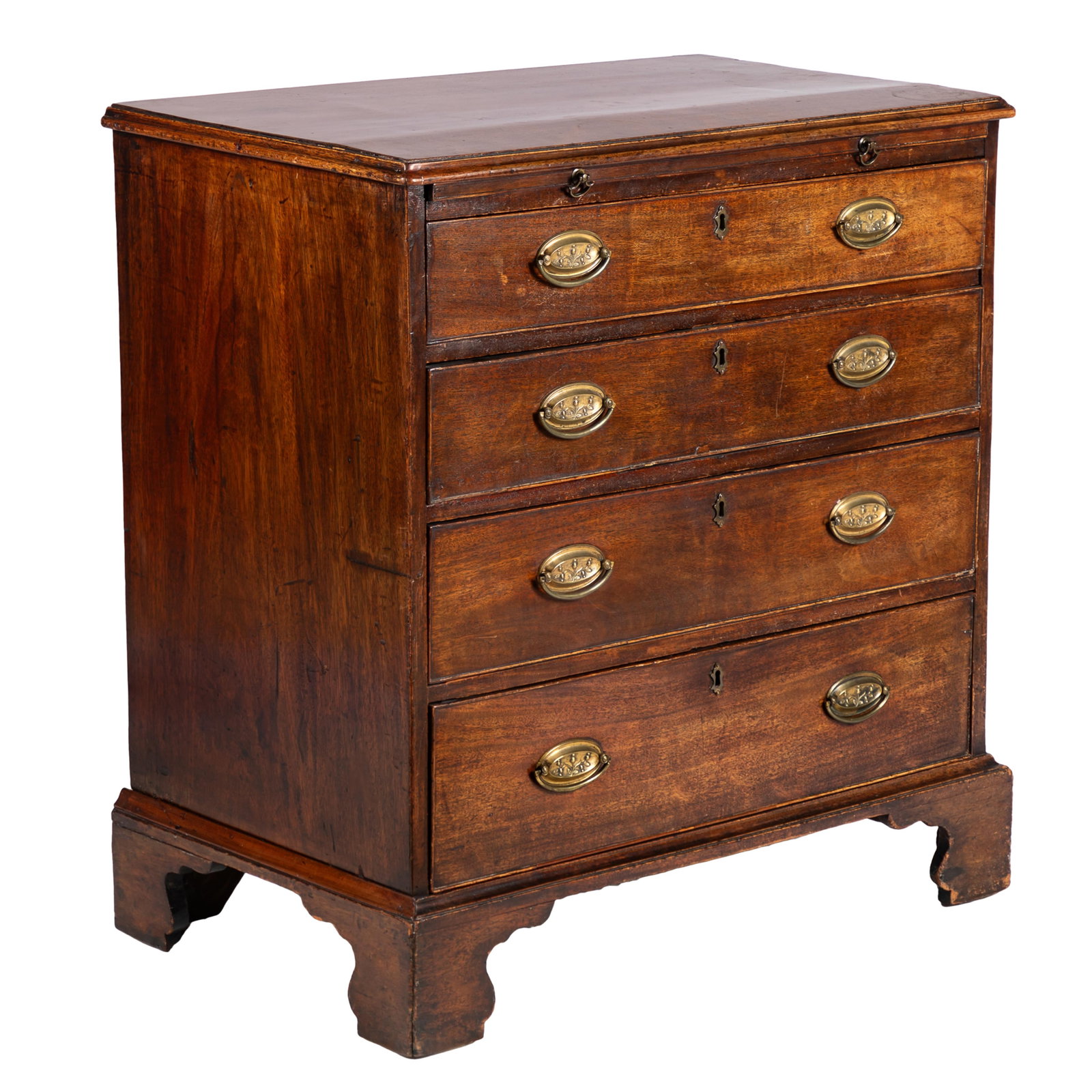 George III Mahogany Bachelor's Chest: George III Mahogany Bachelor's Chest The rectangular top with stepped edge over a brushing slide and four drawers raised on ogee bracket feet. 33in (84cm) h. 31in (80cm) w. 18in (46cm) d Condition: Ve