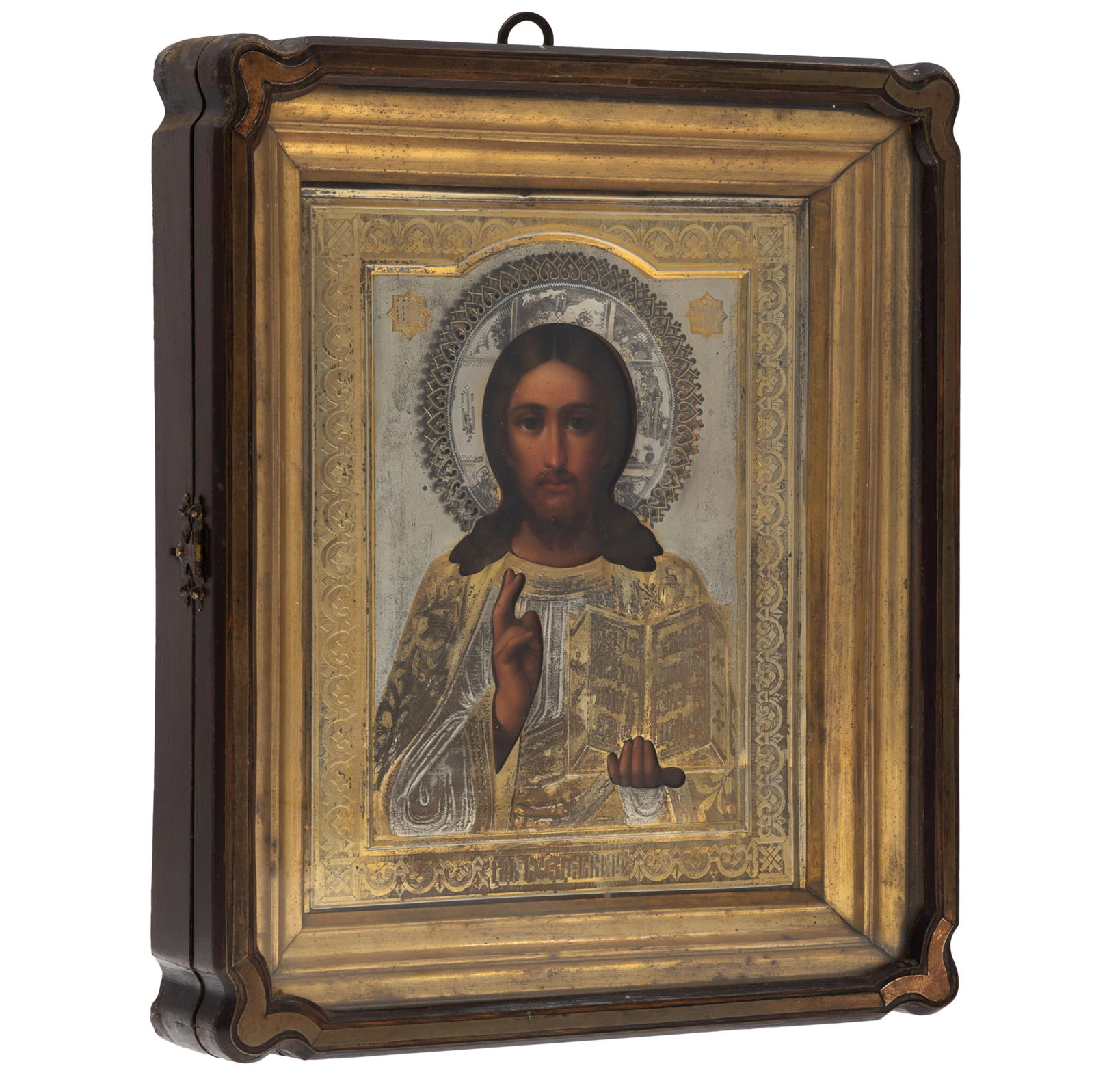 19th Century Russian Icon of Christ Pantocrator: 19th Century Russian Icon of Christ PantocratorEngraved and gilt silver Oklad over tempera painted image of Christ holding one hand in blessing, the other, holding the New Testament.Kokoshnik 84: 87.5