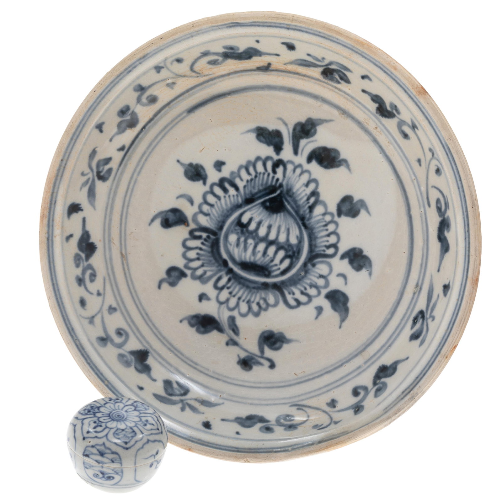 Vietnamese Ceramics 15th Century: Vietnamese Ceramics 15th Century Comprising a shallow bowl and a covered box, both cobalt decorated with scrolling vines and flower heads. Bowl 2in (5cm) h 0in (23cm) d Box 2in (5cm) h. 2in (5cm) d Be