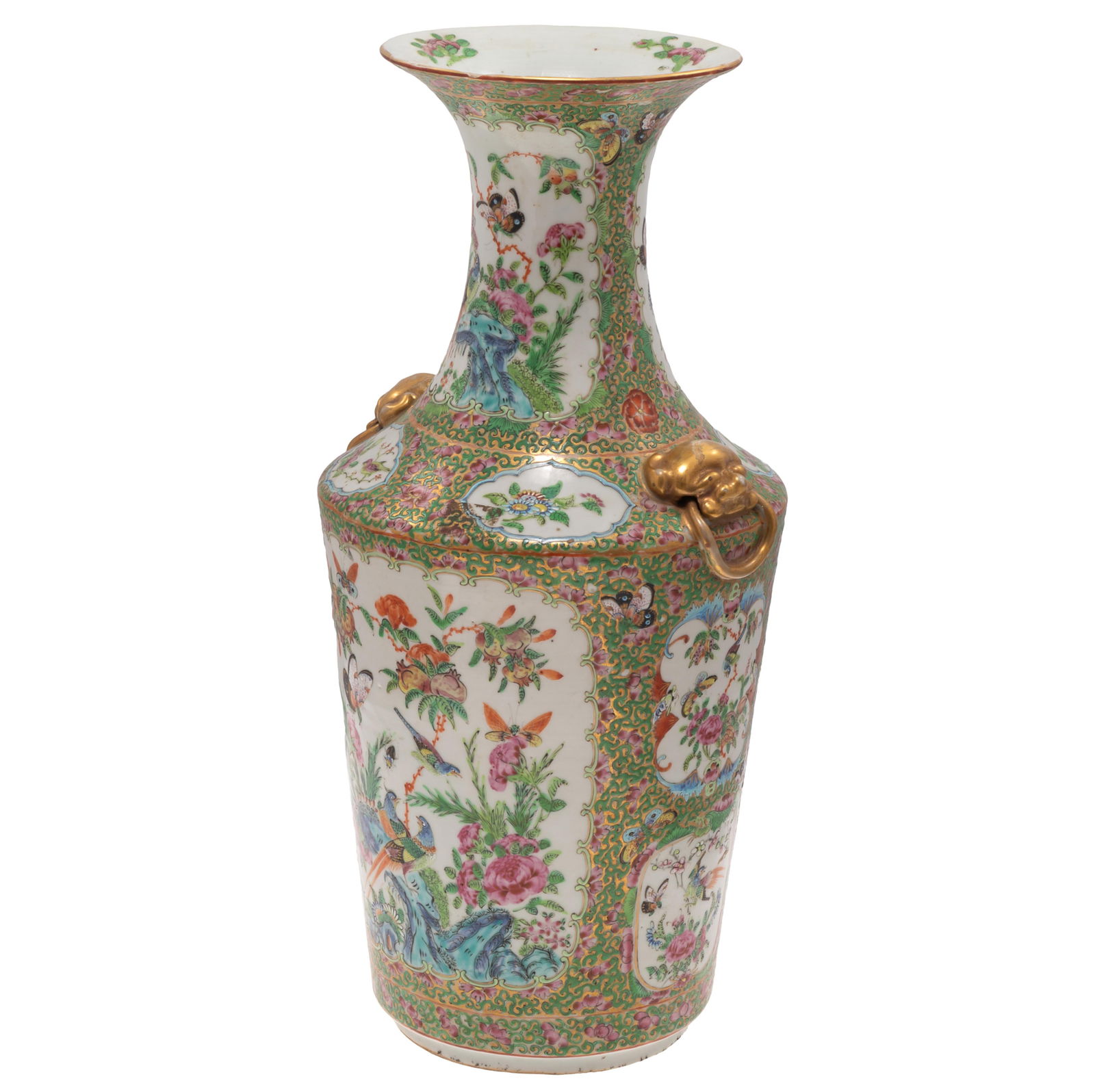 Rose Canton Porcelain Urn: Late Qing DynastyThe tall urn with trumpet form top above a tapering base decorated with panels of song birds among floral vines, set at the shoulders with gilt lion masks.Unmarked on bottom.18in (46c