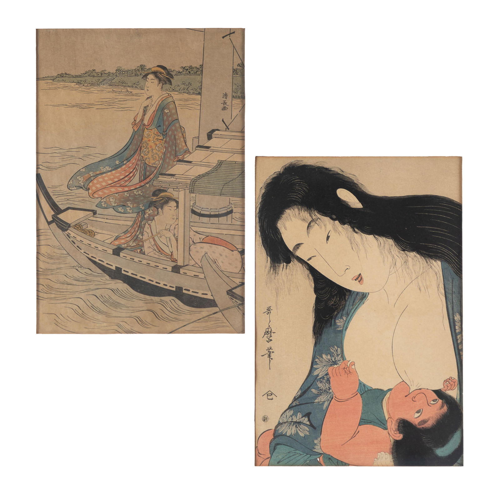 Two Ukiyo-e Style Prints: Two Ukiyo-e Style PrintsKitagawa Utamaro, A Folklore heroine 'Yamauba. feeding Kitaro'Framed 16in. x 22in (41cm. x 56cm)Suzuki Harunobu 'Geese descending on the Sumida River'Framed 16in. x22in (41cm.
