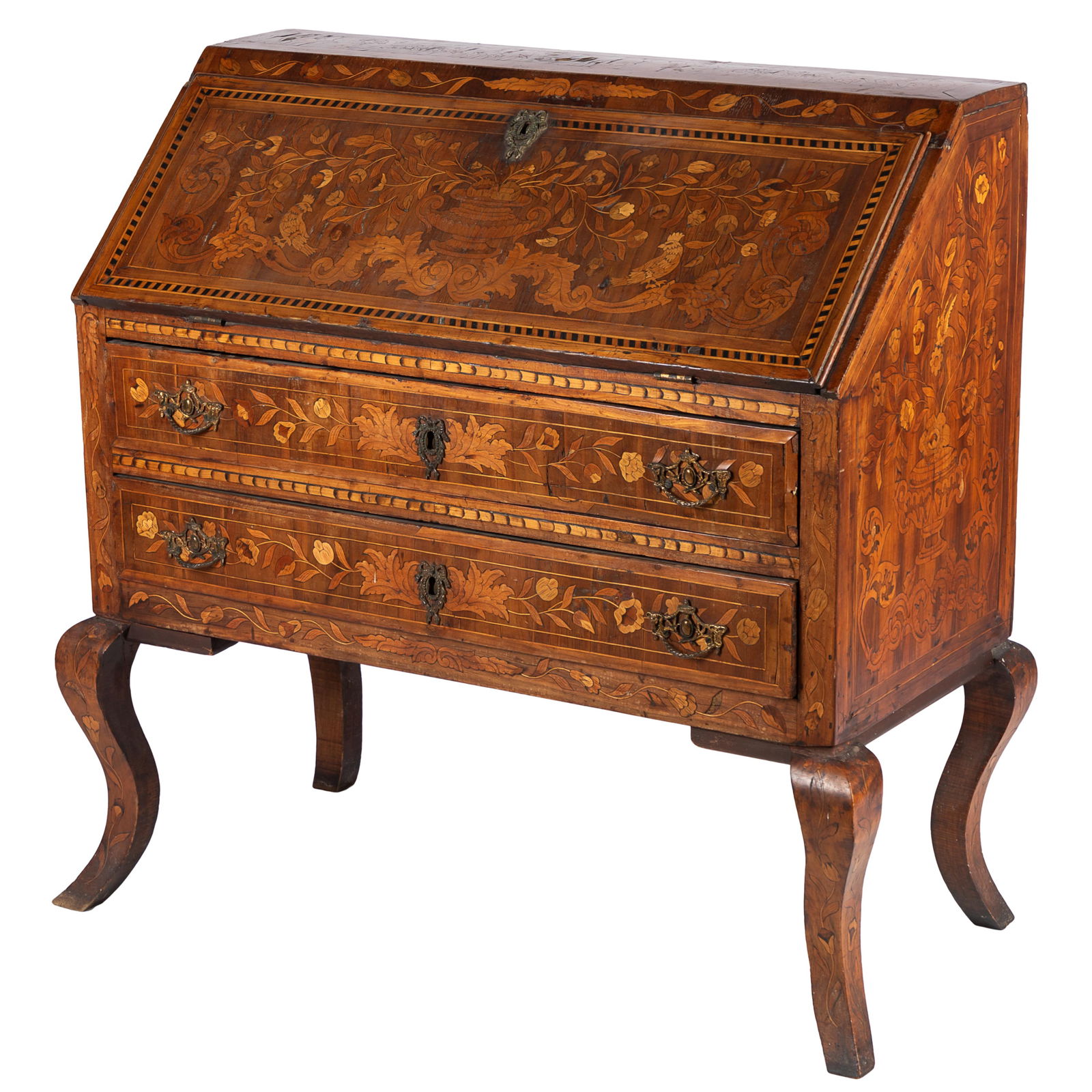 Dutch Baroque Desk: Dutch Baroque DeskThe fall front inlaid with a Classical urn issuing a profusion of floral vines above a pair of exotic birds, opening to a leather inset writing surface beneath an arrangement of draw