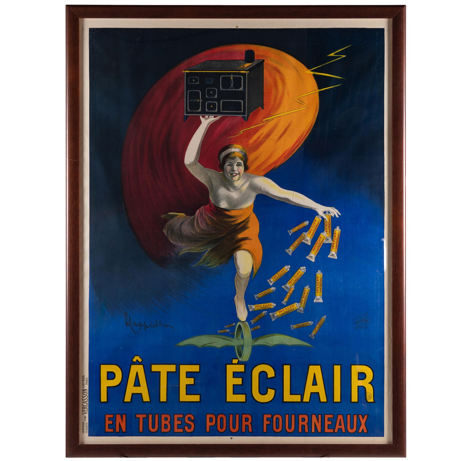 Leonetto Cappiello (Italian/French, 1875-1942): Leonetto Cappiello (Italian/French, 1875-1942)Pate Eclair en tubes pour fourneaux, 1912Color lithograph posterPrinter: Vercasson, ParisFramed: 65in (145cm) h. x 45in (115cm) wThis vintage poster adver