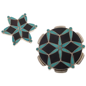 Two Zuni Turquoise, Jet, Sterling Silver Pin Pendants
