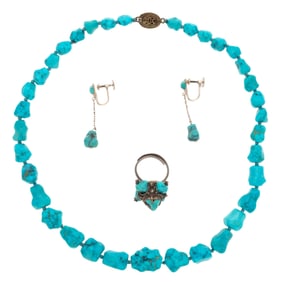 Chinese Turquoise, Gold, Silver Jewelry Suite