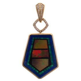 Multi-Stone Intarsia Inlay, Diamond, 14k Pendant