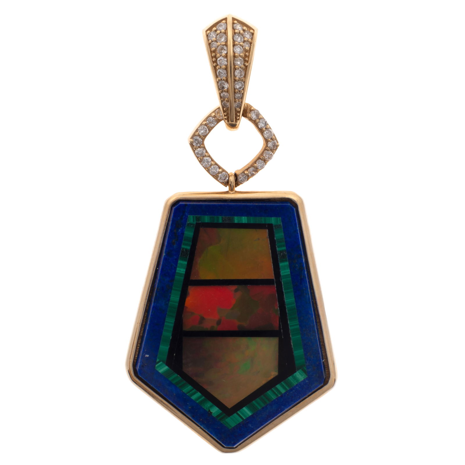 Multi-Stone Intarsia Inlay, Diamond, 14k Pendant: Multi-Stone Intarsia Inlay, Diamond, 14k PendantFeaturing intarsia inlaid lapis lazuli, malachite, onyx and opal, set in a geometric-shape, 14k yellow gold pendant mounting measuring approximately 2.1