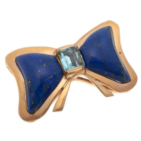 Lapis Lazuli, Blue Topaz, 14k Bow Pin Pendant