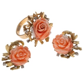 Coral, Diamond, 14k Yellow Gold Jewelry Suite