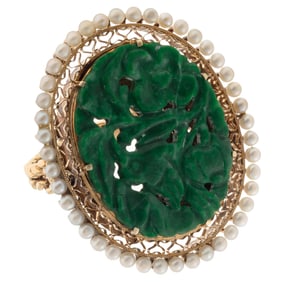Jadeite, Seed Pearl, 14k Yellow Gold ring