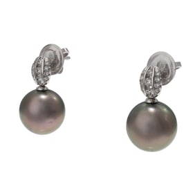 Pair of Diamond, Tahitian Pearl, 18k White Gold Earrings
