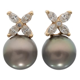 Pair of Diamond, Cultured Pearl, 14k Yellow Gold Earrings