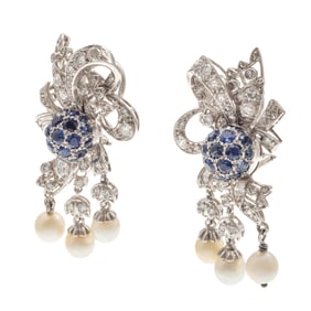 Pair of Diamond, Sapphire, Cultured Pearl, Platinum, 14k Earrings