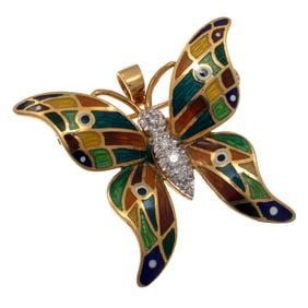 Diamond, Enamel, 18k Butterfly Pin Pendant
