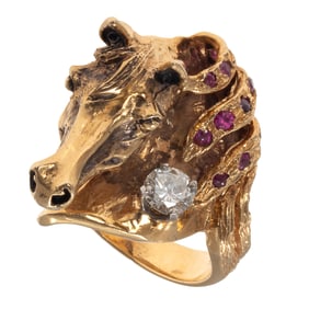 Diamond, Ruby, 14k Figural Horse Ring