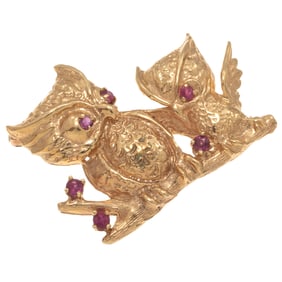 Ruby, 14k Yellow Gold Owls Pin