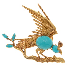 Turquoise, 14k Yellow Gold Bird Pin