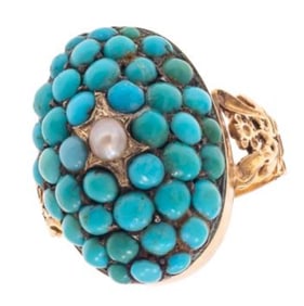 Victorian Turquoise, Seed Pearl, 15k Yellow Gold Ring