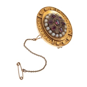 Victorian Garnet, Pearl, 14k Yellow Gold Brooch